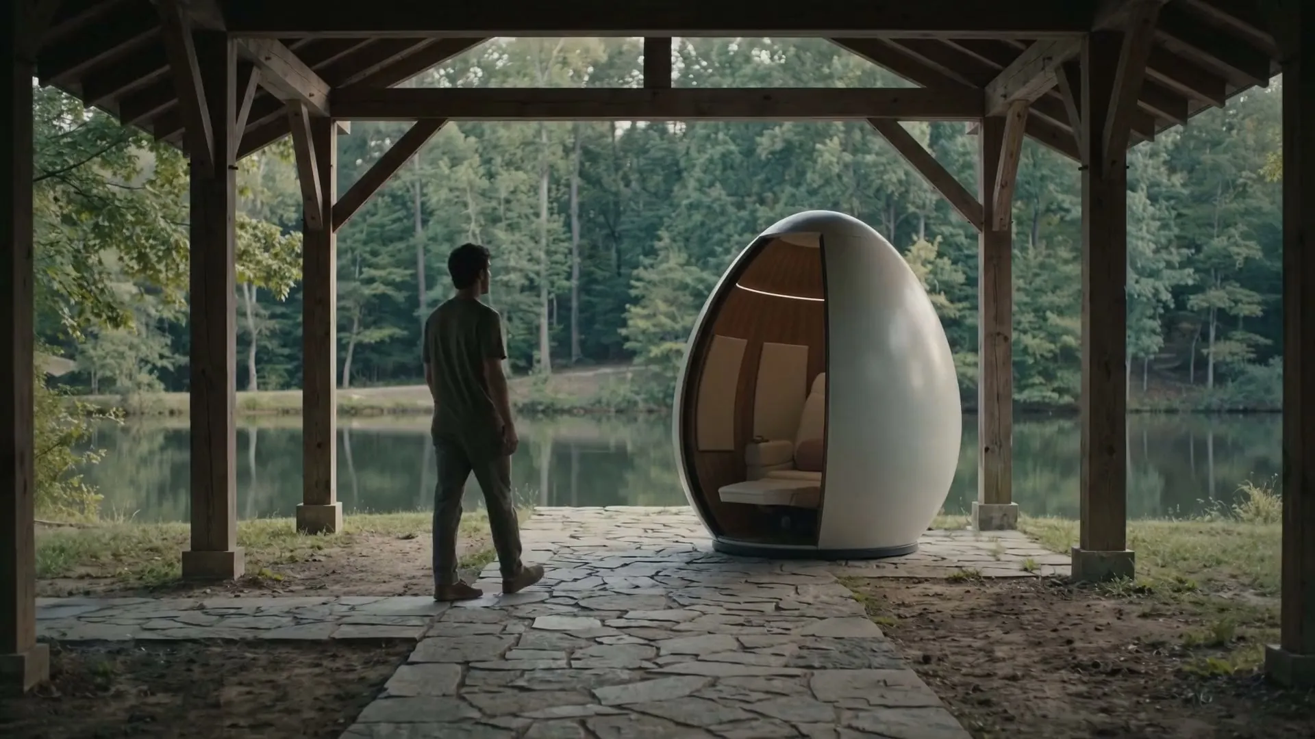 朝の光が差す静かな部屋に置かれた、白い卵形の殻の一人用の器。可動の開口が開き、内側はオーク材の縦板と淡いベージュのリクライナー。実物の設計(C2)に基づく構想画像