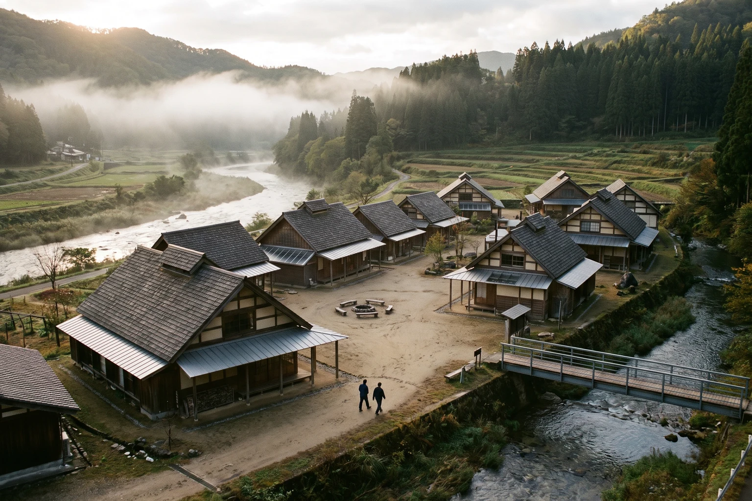 朝もやの山あいに、木と鋼の小さな建物が広場を囲んで並ぶ集落の構想